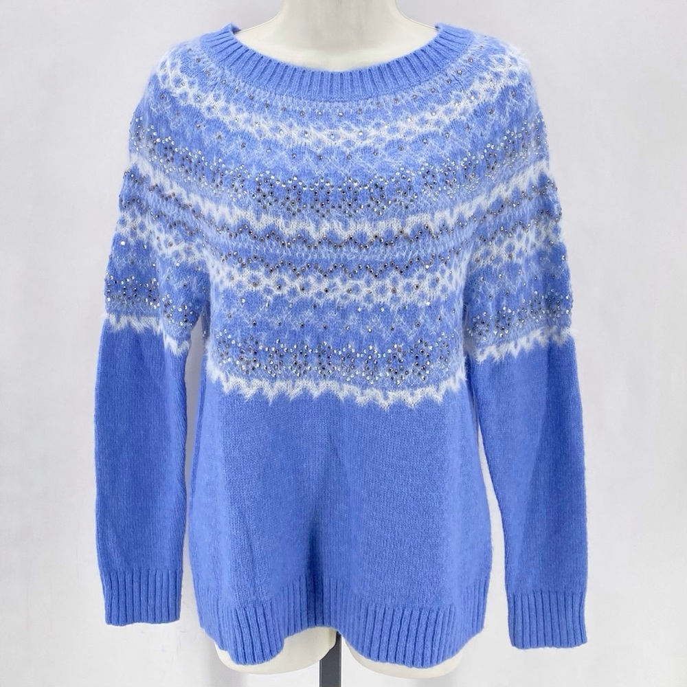 Talbots Periwinkle and White Patterned Crew Neck Sweater